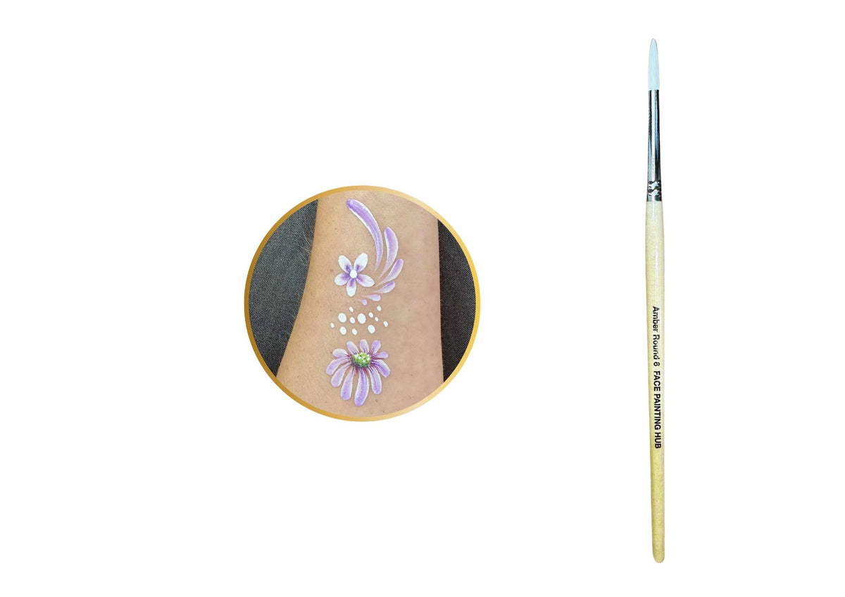 A fine-detail body paint brush shown next to a circular inset demonstrating a floral body paint design on skin, set against a plain white background.